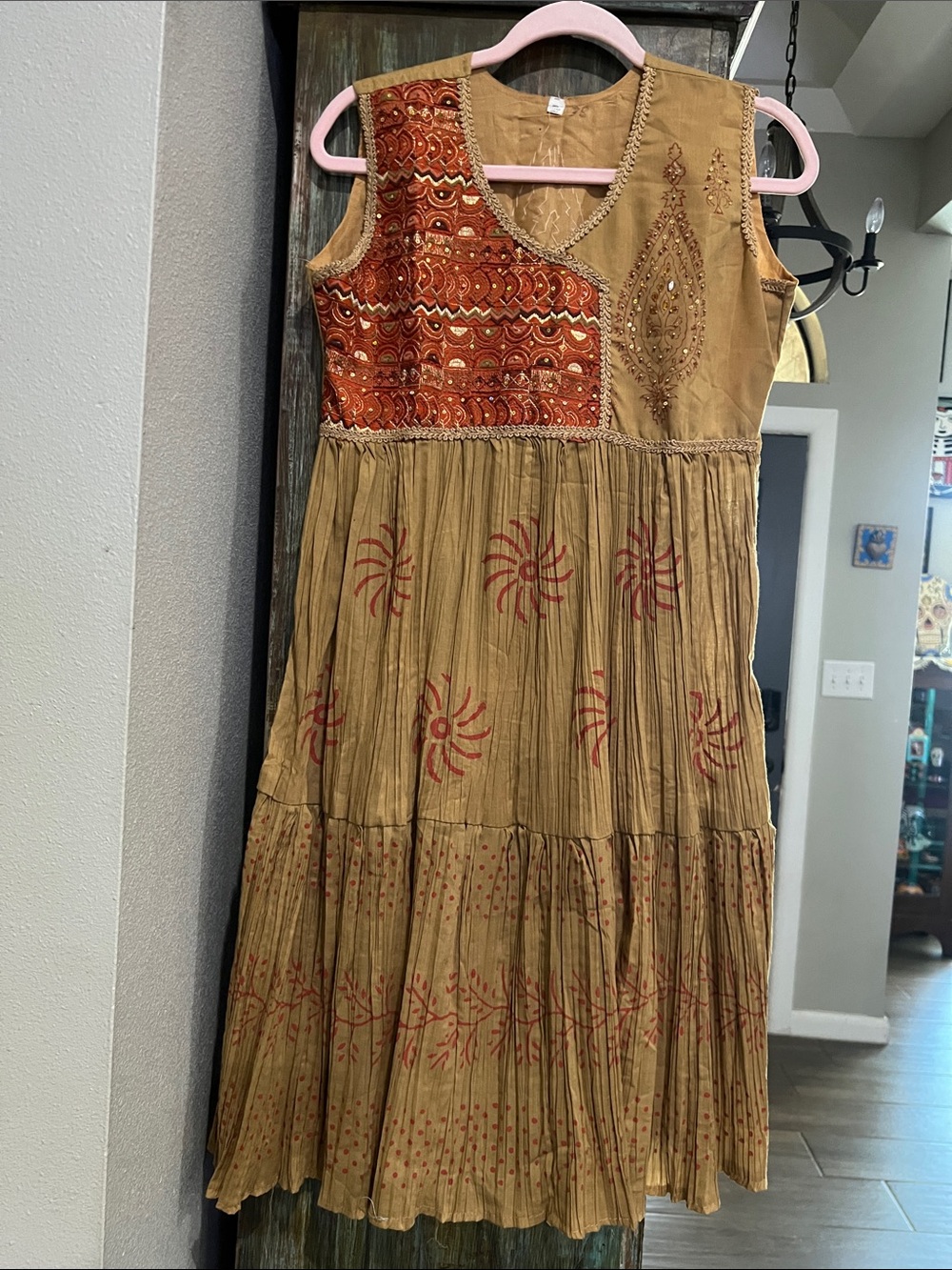 Boho Embroidered Maxi Dress in Tan and Rust